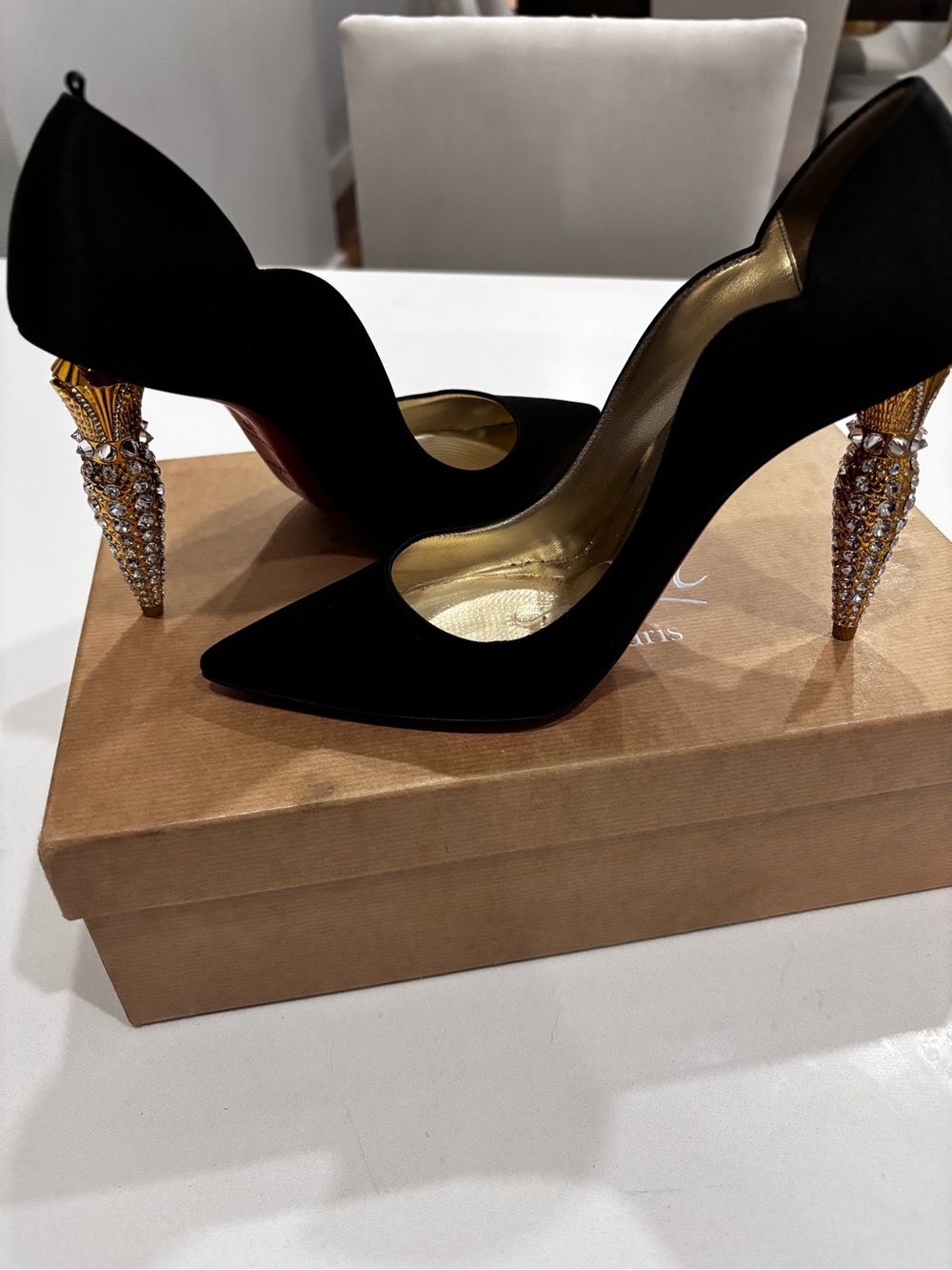 Nordstrom Black Pointed-Toe Pumps with Jeweled Gold Stiletto Heels